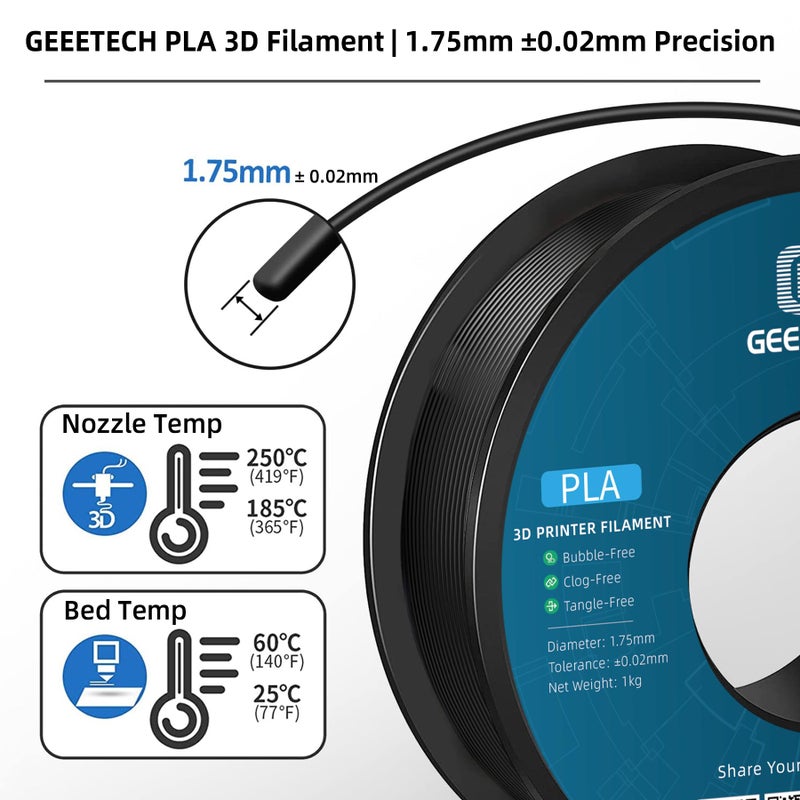 Geeetech PLA Filament 1.75mm Black, 1kg (2.2lbs) Spool, Neatly Wound 3D Printer Filament, Tangle-Free, Dimensional Accuracy +/- 0.02mm, Fits Most FDM 3D Printers - Image 2
